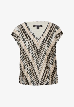 Korte mouwen shirt met een V-hals en een zigzagpatroon in beige, zwart en wit. Gemaakt van een lichtgewicht stof. Maat 36.