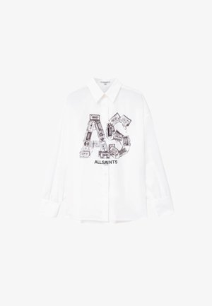 Biała koszula z długim rękawem i kołnierzykiem, na której widnieje graficzny wzór przedstawiający kasety tworzące litery "AS" i "ALLSAINTS."