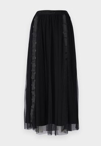 Jupe longue en mesh noir avec une couche de base solide et une ceinture élastique à logo, présentant des bandes de satin verticales sur les côtés.