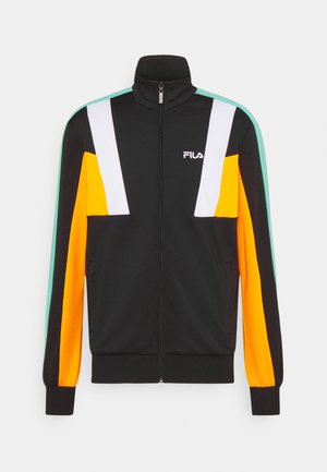 Veste zippée noire FILA avec col montant, rayures verticales blanches, manches orange et accents bleu clair aux épaules.