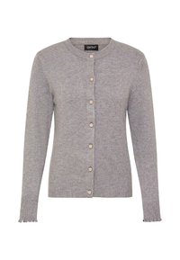Cardigan gris en tissu tricot doux, avec un col rond, une fermeture à cinq boutons et des poignets festonnés. Design simple et classique.