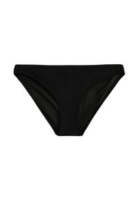 Parte inferior de bikini negra hecha de una tela suave y elástica. Presenta un corte clásico con líneas limpias y sin adornos ni patrones.