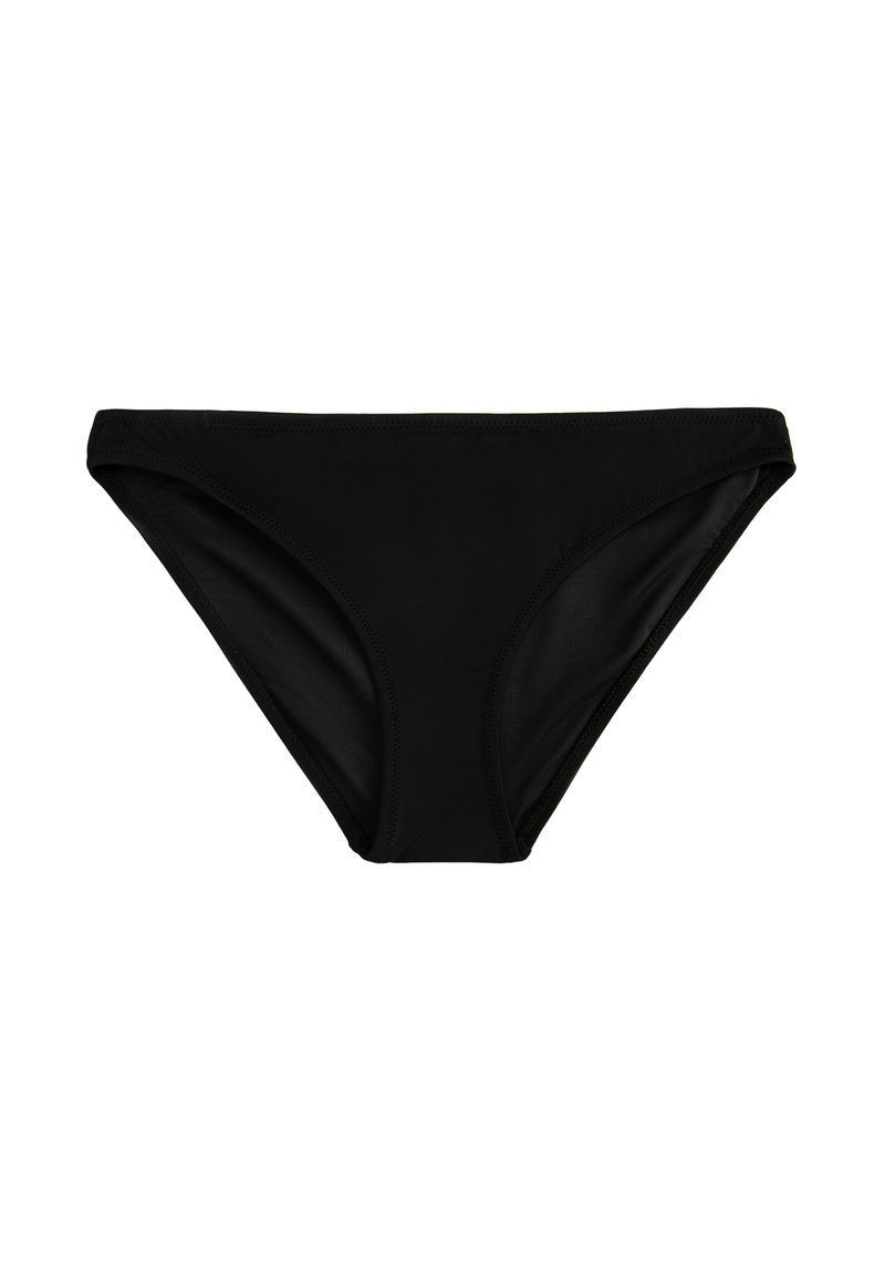 Parte inferior de bikini negra hecha de una tela suave y elástica. Presenta un corte clásico con líneas limpias y sin adornos ni patrones.