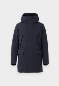 Navy polstret parka jakke med hætte, frontlynlås og to sidelommer. Har en lige pasform og en tekstureret, vandafvisende stof.