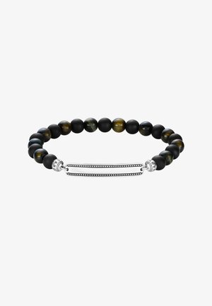 Armband mit abwechselnd mattschwarzen und braunen Tigeraugenperlen und einer silbernen rechteckigen Platte mit Perlenrand.