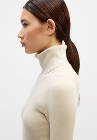 Ribban pulover s turtleneck ovratnikom, narejen iz svetlega bež materiala, s prilagojeno silhueto in visokim ovratnikom, ki poudarja gladko teksturo.