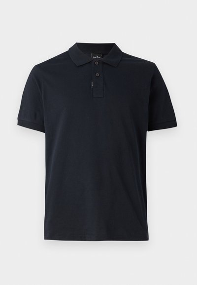 Dark navy polo shirt made of soft cotton, featuring a classic collar, short sleeves, and three-button placket. Smooth texture, no patterns.