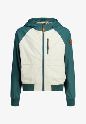 Kapuzejacke mit einer cremigen Vorderseite und türkisfarbenen Ärmeln. Sie verfügt über einen Reißverschluss, einen orangefarbenen Akzent sowie gerippte Bündchen und Saum.