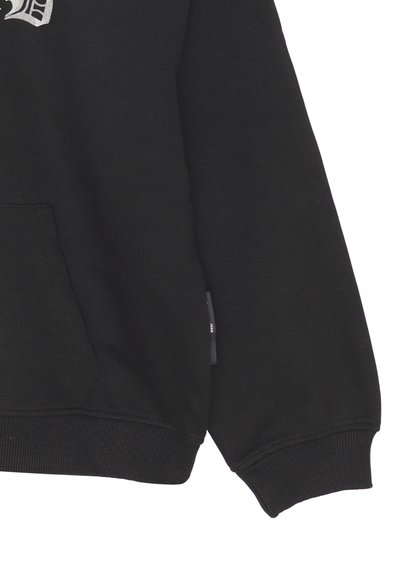 Felpa nera con cappuccio realizzata in tessuto morbido, dotata di una tasca frontale, polsini a costine e un'etichetta laterale visibile. Presenta un design grafico sul petto.