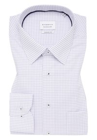 Camicia bianca con un piccolo motivo a griglia viola, vestibilità comoda, colletto button-down e polsini doppi. Etichetta con la scritta "ETERNA".
