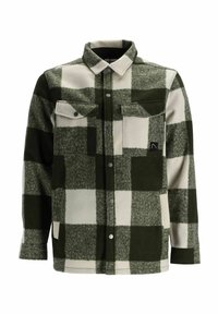 Veste en polaire à grands carreaux verts et blancs, avec poches poitrine boutonnées et boutons-pression à l'avant, dotée d'un col et de manches longues.