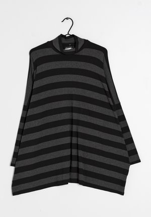 Loose-fitting long-sleeve top with wide horizontal black and dark gray stripes, displayed on a hanger against a white background.