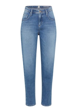 Light blue denim jeans with a high waist, five pockets, and a straight cut, featuring subtle fading and stitching details.