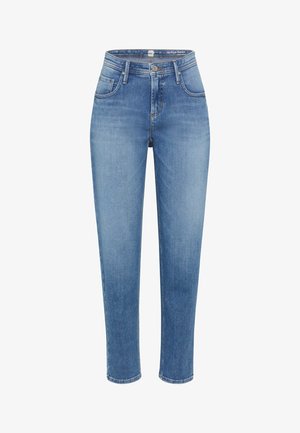 Helle blaue Jeans mit hohem Bund, fünf Taschen und geradem Schnitt, mit subtilen Ausbleichungen und Nahtdetails.