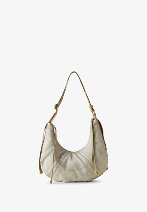 Hobo bag featuring a textured light gray material, curved silhouette, adjustable shoulder strap, and subtle golden hardware accents.