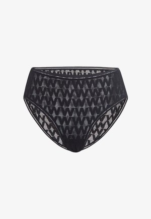 Schwarzes, hoch geschnittenes Bikini-Höschen aus einem durchsichtigen, strukturierten Stoff mit einem Zickzack-Muster und dekorativen Nähten entlang der Kanten.