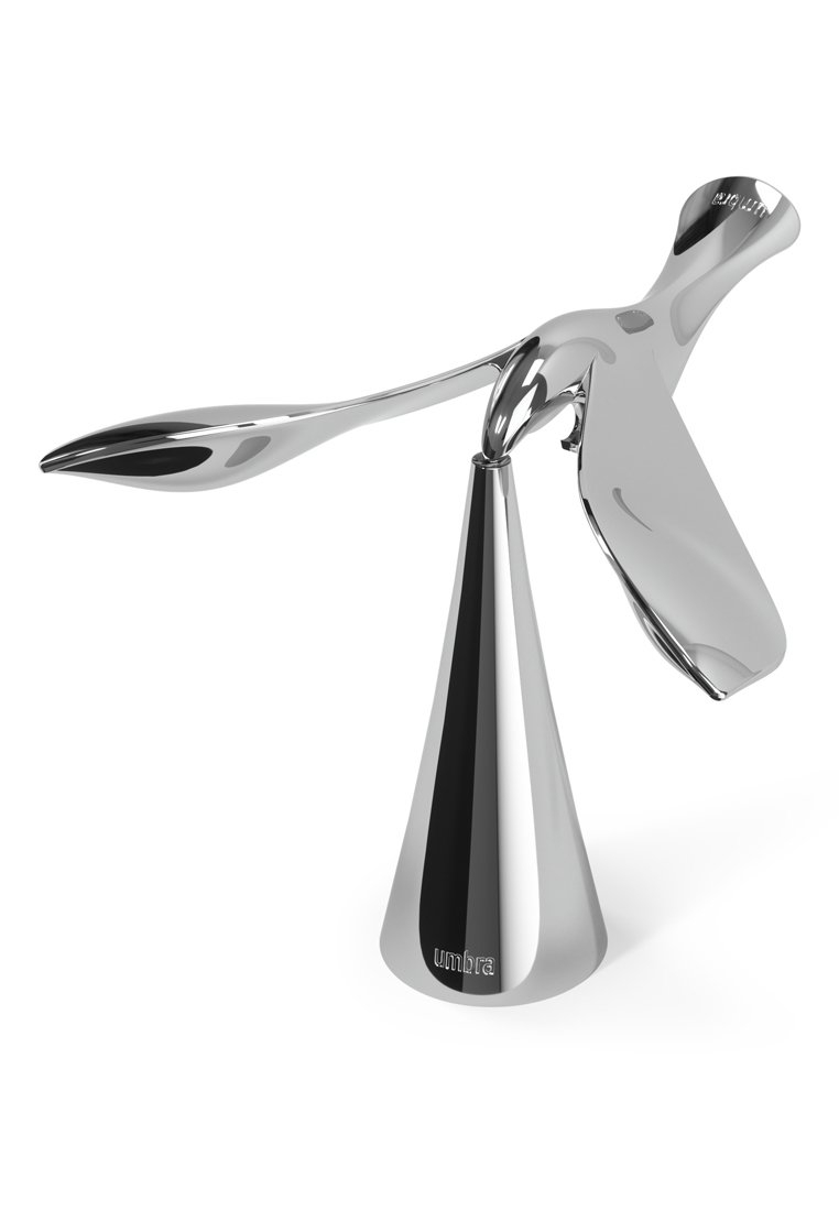 Ein Chrome-Flaschenöffner mit einem schlanken, länglichen Design. Verfügt über eine konische Basis und einen gebogenen Griff, der einem Vogel im Flug ähnelt.