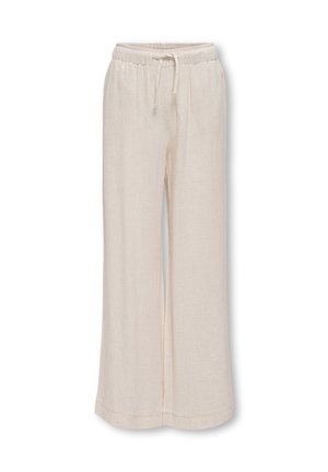 Pantaloni larghi beige in lino con vita elastica e coulisse, gambe larghe, senza tasche o motivi visibili, mostrati su sfondo bianco.
