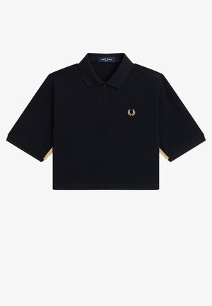 Schwarzes, kurzärmeliges, kurzes Polohemd mit drei Knöpfen und einem kleinen goldenen Lorbeerkranz-Logo auf der linken Brust.