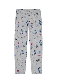 Graue Leggings mit einem floralen Muster aus blauen und rosa Blumen sowie abstrakten Formen, gefertigt aus einem weichen, dehnbaren Stoff. Elastischer Taillenbund.