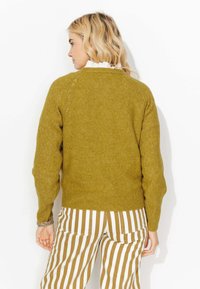 Pull en maille vert moutarde avec un col rond, des manches raglan et un ourlet côtelé, associé à un pantalon large rayé beige et marron.