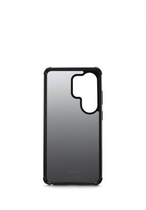Transparent black smartphone case with reinforced corners and large cutout for camera and buttons, standing upright on white background.