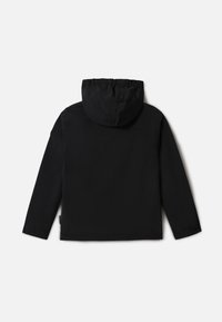 Giacca nera con cappuccio, caratterizzata da maniche lunghe e design a felpa. Texture liscia con polsini elastici e un sottile dettaglio di cucitura.
