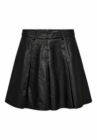 Gonna nera in pelle a trapezio con vita alta, pieghe e tasche laterali. Texture liscia con finitura lucida. Chiusura con cerniera sul retro.