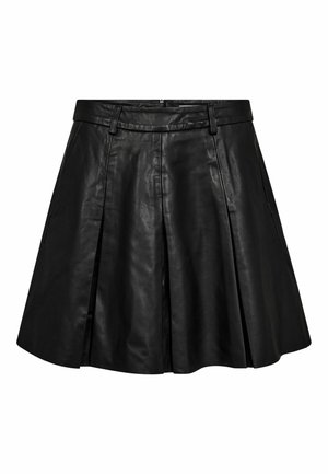 Zwarte leren A-lijn rok met hoge taille, plooien en zijzakken. Glad textiel met een gepolijste afwerking. Rits aan de achterkant.
