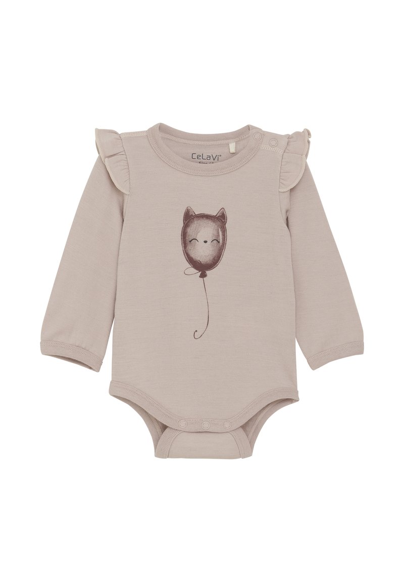 Långärmad bodysuit i ljus beige med volangdetaljer på axlarna och en illustration av en leende kattballong i brunt. Knäppning i botten.