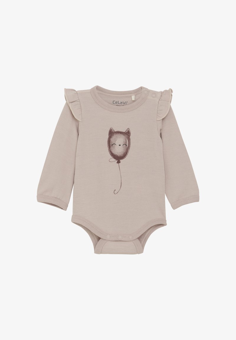 Långärmad bodysuit i ljus beige med volangdetaljer på axlarna och en illustration av en leende kattballong i brunt. Knäppning i botten.