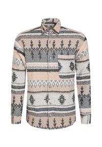 Lange mouwen knoopshirt in roze, grijs en wit, met geometrische patronen, een borstzak en een kraag.