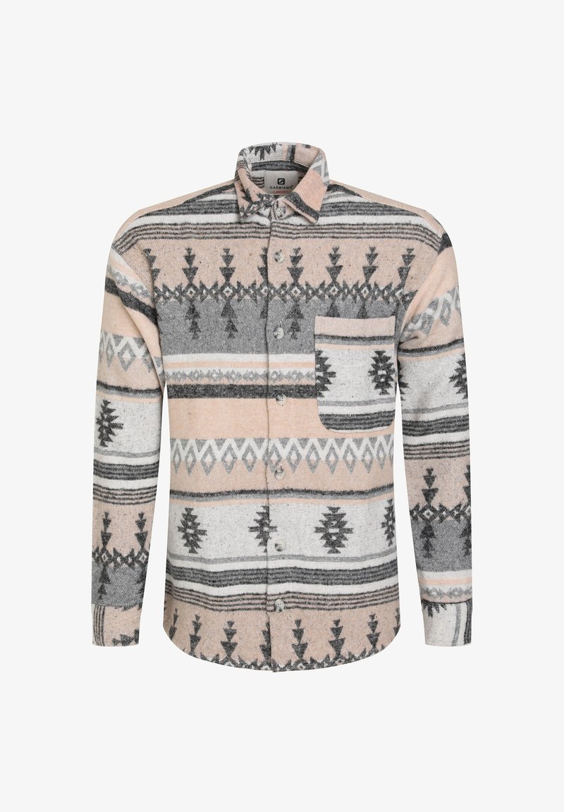 Camicia a maniche lunghe con bottoni in rosa, grigio e bianco, caratterizzata da motivi geometrici, una tasca sul petto e un colletto.