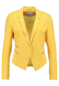 Žlutý blazer s texturovanou látkou, s klopami a dvěma kapsami na zip na přední straně. Design s otevřeným předním dílem, přiléhavý střih.