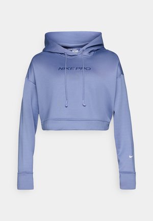 Hanorac scurt de culoare mov, fabricat dintr-un material moale, având un logo pe față "NIKE PRO" și un glugă cu șnur. Culoare solidă, mâneci lungi.