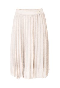 Falda midi plisada en tela beige claro, con una cinturilla suave y un sutil acento dorado. La textura es suave y ligera.