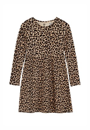 Langärmliges Kleid mit Leopardenmuster, rundem Ausschnitt und gerafftem Taillenbereich, vor einem weißen Hintergrund präsentiert.