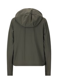Kapuzejacke in dunklem Grün, aus glattem, leichtem Material gefertigt. Verfügt über lange Ärmel und eine lockere Passform mit minimalen Nähdetails.