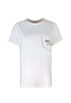 T-shirt bianca in cotone con maniche corte, collo a giro e taschino sul lato sinistro con testo stampato in nero. Design semplice, texture liscia.