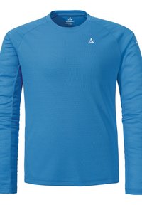 Langärmliges aktives Shirt in Hellblau, aus strukturiertem Stoff mit Karomuster. Verfügt über einen Rundhalsausschnitt und ein Logo auf der Brust.