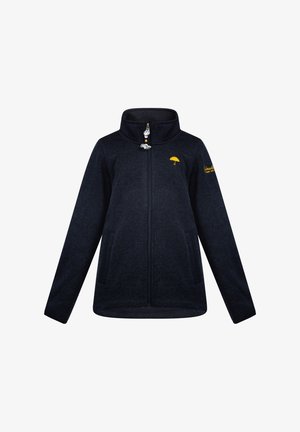 Námořnická fleecová bunda na zip s vysokým límcem, dvěma bočními kapsami a žlutým logem deštníku na levé hrudi; strukturovaná tkanina a nastavitelný táhlo zipu.