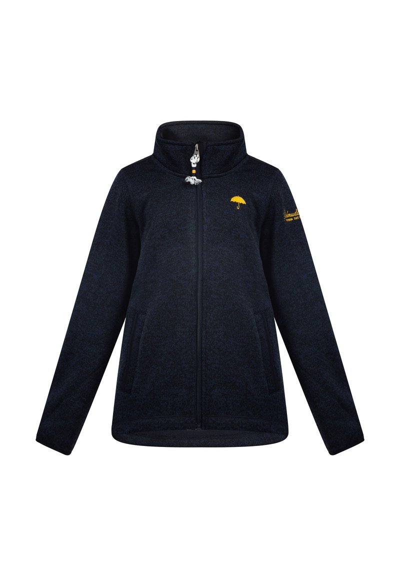 Jūros laivyno fleece zip-up striukė su aukštu apykakle, dviem šoninėmis kišenėmis ir geltonu skėčio logotipu kairėje krūtinės pusėje; tekstūruota medžiaga ir reguliuojamas užtrauktuko trauklė.