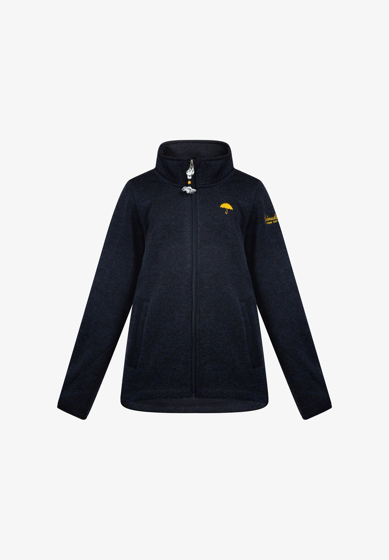 Jūros laivyno fleece zip-up striukė su aukštu apykakle, dviem šoninėmis kišenėmis ir geltonu skėčio logotipu kairėje krūtinės pusėje; tekstūruota medžiaga ir reguliuojamas užtrauktuko trauklė.
