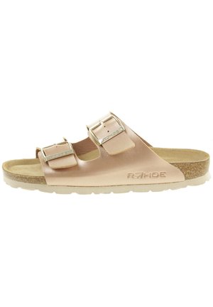 Pink metallic slide sandal with two adjustable straps, cork footbed, and textured rubber outsole. Features the Rohde logo on the side.
