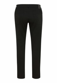 Pantalons noirs au tissu lisse, coupe slim et deux poches arrière. Dotés d'une ceinture et de peu de matériel. Design simple et classique.