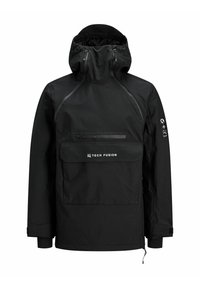 Must värviga pusa-jakk, millel on stringiga kapuuts, esiküljel tõmblukuga tasku ja suur tugipaneeli tasku. Valmistatud veekindlast materjalist.