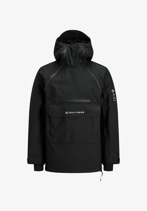 Black pullover jacket featuring a drawstring hood, front zip pocket, and large front flap pocket. Made of water-resistant material.