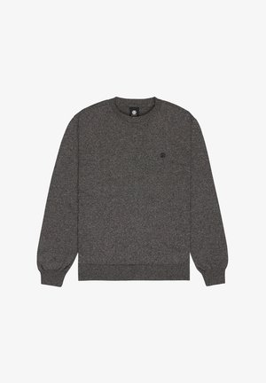 Gray pullover sweatshirt made of textured fabric, featuring long sleeves, a round neck, and a small logo on the chest.