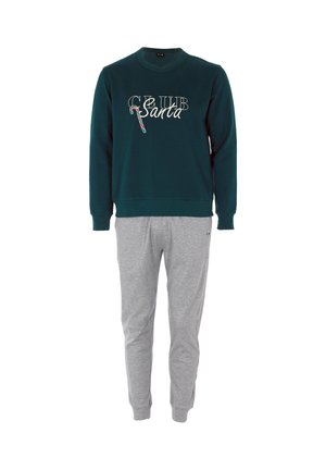 Felpa verde con grafica "CLUB Santa" e dettaglio di bastoncini di zucchero, abbinata a pantaloni della tuta grigi. Entrambi realizzati in tessuto morbido e confortevole.