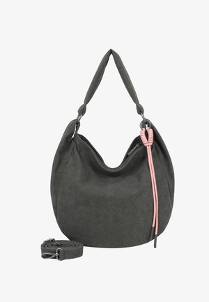 Borsa a spalla in suede grigio scuro con zip superiore, manico imbottito morbido, tracolla removibile e un accento in cordoncino rosa con nappina su anello metallico.